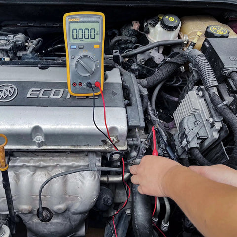Two Pack Multimeter Test Lead Set With Wire Piercing Probes And Insulated Back Probes For Diagnostic Electrical Testing in use on car engine