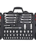 101 Piece Mechanic Tool Set For Roadside Emergencies With SAE And Metric Sockets Wrenches And More In Compact Carrying Case Red