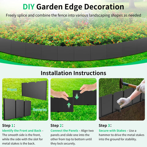 No Dig Plastic Garden Edging Border Kit assembly steps with interlocking panels and metal stakes for flower beds and lawns.