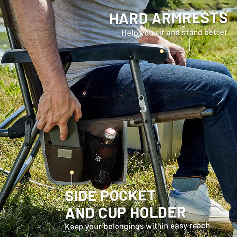 Foldable Padded Rocking Chair With A 29 Inch High Back For Outdoor Chill Sessions Easy Stand Up Heavy Duty And Portable For Camping Patio Lawn Garden Or Balcony Supports 300 Lbs Brown, showing a side pocket and cup holder.