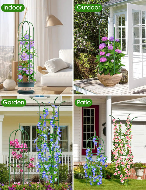 Indoor and outdoor views of Outdoor Climbing Plant Trellis Obelisk 6Ft Garden Support Tower with flowers in various settings.
