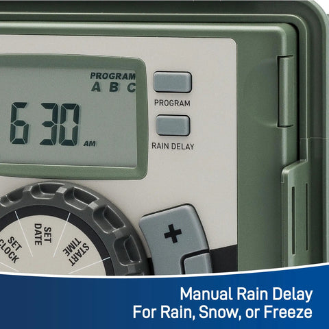 Close-up of Four Station Outdoor Sprinkler Timer With Swing Panel showing 6:30 AM time display and manual rain delay buttons.