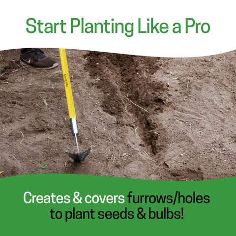 Stand-Up Long-Handle Garden Hoe With 59 Inch Fiberglass Handle Cushioned Grips And Sharp Stainless Steel Blade For Weeding Edging And Mulching Multipurpose Yard Tool Yellow being used to create furrows in soil.
