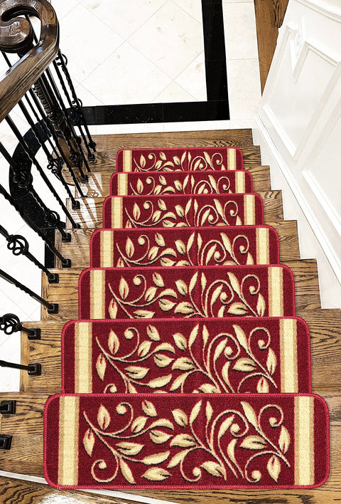 Anti Slip Stair Treads 15 Piece Red Set Pet Friendly No Slip Stair Mats With Rubber Backing Floral Design Grip on wooden stairs