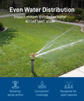 Heavy Duty Brass Impact Sprinkler Head Offering Close And Far Coverage With Dual Nozzles For Total Lawn Protection With Robust 3/4 In Mpt Connection And Heavy Duty Brass Build Without Kinking Or Failure In Your Garden Setup in action, distributing water evenly on lawn.