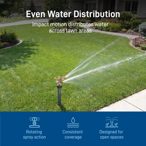 Heavy Duty Brass Impact Sprinkler Head Offering Close And Far Coverage With Dual Nozzles For Total Lawn Protection With Robust 3/4 In Mpt Connection And Heavy Duty Brass Build Without Kinking Or Failure In Your Garden Setup in action, distributing water evenly on lawn.