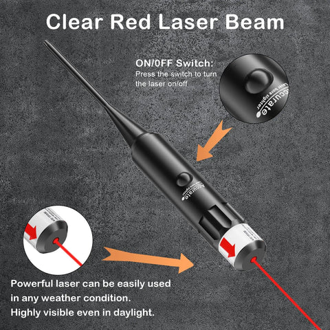 Pro Grade Red Laser Bore Sight Kit With 32 Adapters For Calibers From 0.17 HMR Up To 12 GA laser beam and switch details