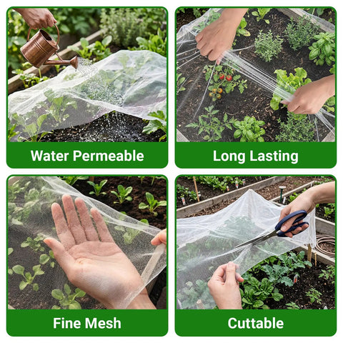 Garden Netting 4x10 Ft See Through Pest Barrier And Bird Netting cut and covering vegetables in garden.