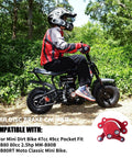 Rider on mini dirt bike with visible rear disc brake caliper, compatible with Predator 212, MM-B80, MM-B105, and Motovox models.