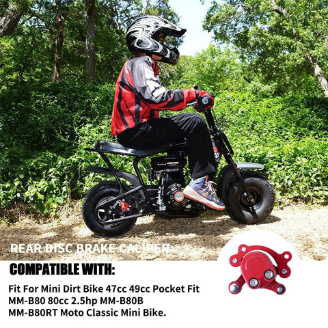 Rider on mini dirt bike with visible rear disc brake caliper, compatible with Predator 212, MM-B80, MM-B105, and Motovox models.