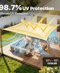 Heavy Duty 20 by 24 Beige Sun Shade Sail With Super Ring Hardware UPF50 Plus UV Block installed over patio furniture
