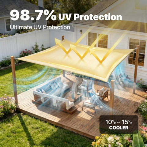 Heavy Duty 20 by 24 Beige Sun Shade Sail With Super Ring Hardware UPF50 Plus UV Block installed over patio furniture
