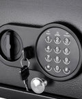 Close-up view of keypad and key access on Top Opening Keypad Safe With Silent Mode For Home Or Office Compact Digital Security Box