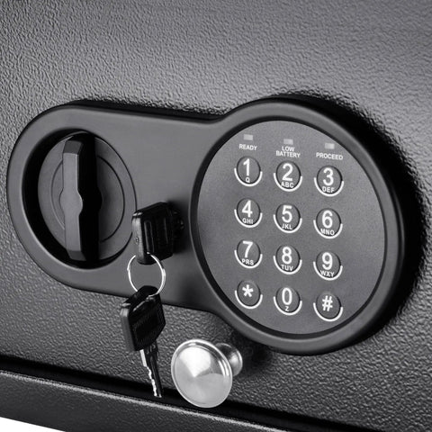 Close-up view of keypad and key access on Top Opening Keypad Safe With Silent Mode For Home Or Office Compact Digital Security Box