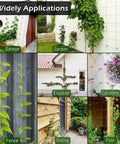 Outdoor Wire Trellis Kit For Climbing Plants, 20 Piece Wall Trellis System with visible applications on garage, garden, and fence.