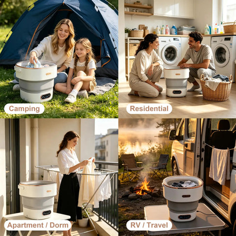 Kick Laundry Day To The Curb With This Portable Folding Mini Washer in use during camping, residential areas, and RV travel.