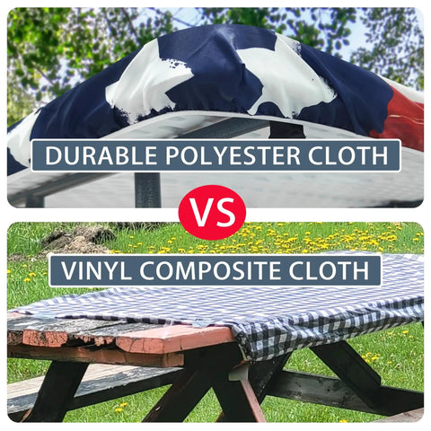 Flag Inspired Picnic Table Cover With Bench Covers, Waterproof Elastic Fitted Tablecloth For Outdoor Tailgate Dining vs Vinyl Composite