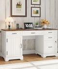 55 Inch Farmhouse Style Computer Desk With Drawers And File Cabinet Built In USB Charging Station White Finish in room setting