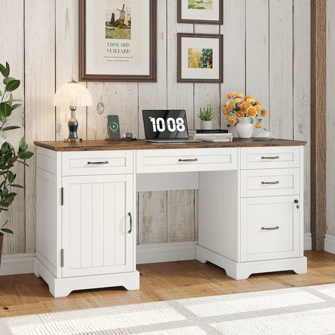 55 Inch Farmhouse Style Computer Desk With Drawers And File Cabinet Built In USB Charging Station White Finish in room setting