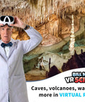 Bill Nye demonstrating VR goggles from the VR Science Kit for kids in a virtual cave setting, science exploration theme.
