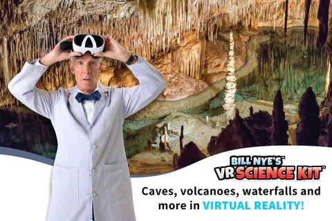 Bill Nye demonstrating VR goggles from the VR Science Kit for kids in a virtual cave setting, science exploration theme.
