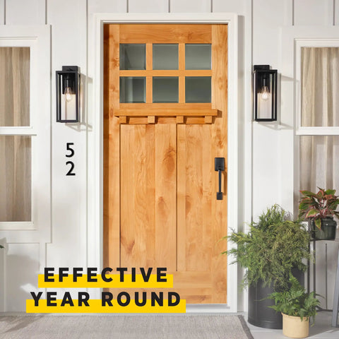 Front door with wood finish treated with Water Based Spar Urethane Finish For Outdoor Wood Crystal Clear Non Yellowing Formula.