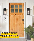 Front door with wood finish coated in Water Based Spar Urethane Satin Wood Finish Crystal Clear Protective Coat Built For Outdoor And Indoor Use All Weather Varnish Quart Size Low Odor Easy Clean Up Quick Dry Durable Shield, surrounded by outdoor plants.