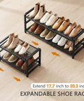 Rock Solid Expandable Shoe Rack Black Two Tier Metal Closet Organizer Holds Eight Pairs Of Sneakers, adjustable width design shown.