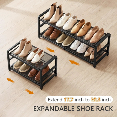 Rock Solid Expandable Shoe Rack Black Two Tier Metal Closet Organizer Holds Eight Pairs Of Sneakers, adjustable width design shown.