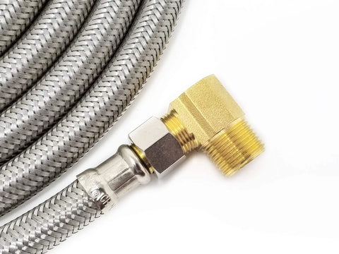 Close-up of Six Foot Stainless Steel Braided Dishwasher Hose Installation Kit with brass elbow adapter and connectors