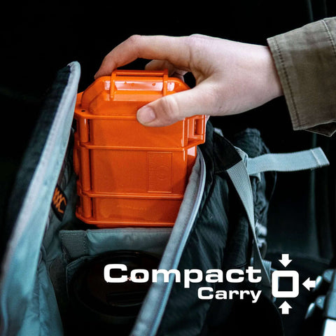 Micro Waterproof Dry Box Case Yellow IP67 Lockable Hard Shell Container With Carabiner Loop For Earbuds PLB Iems And Small Medical Devices Usa Made Mil Spec Tough As Nails Build Built Different Rugged Polycarbonate Protection Lifetime Warranty being placed in a backpack compartment.
