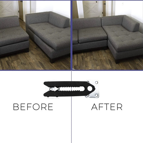 Heavy Duty Steel Couch Clamps Keep Your Section Locked Down Adjustable Non Slip Sofa Connectors Stop That Shifting Nonsense Prevent Floor Scratches And Secure Loose Sections 4 Pack before and after installation with clips