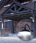 Outdoor Gooseneck Barn Light Satin Black with 14.5 Inch Arm on farmhouse porch, 14 Inch diameter shade, illuminated in evening scene