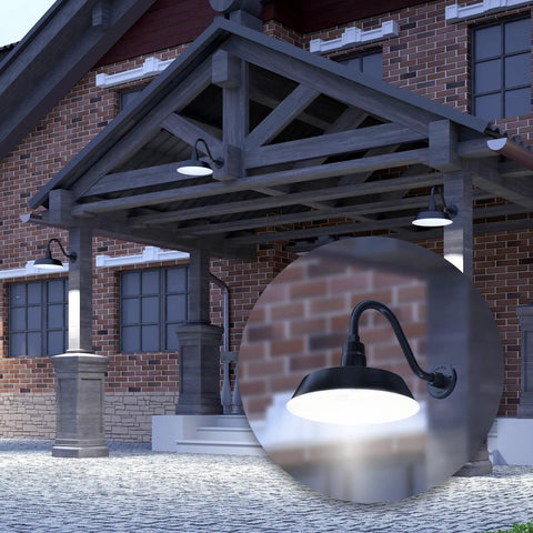 Outdoor Gooseneck Barn Light Satin Black with 14.5 Inch Arm on farmhouse porch, 14 Inch diameter shade, illuminated in evening scene
