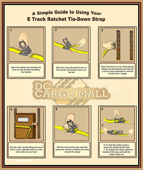 Illustrated guide for using E Track Ratchet Tie Down Straps from the Heavy Duty Trailer Tie Down Kit, showing step-by-step instructions.