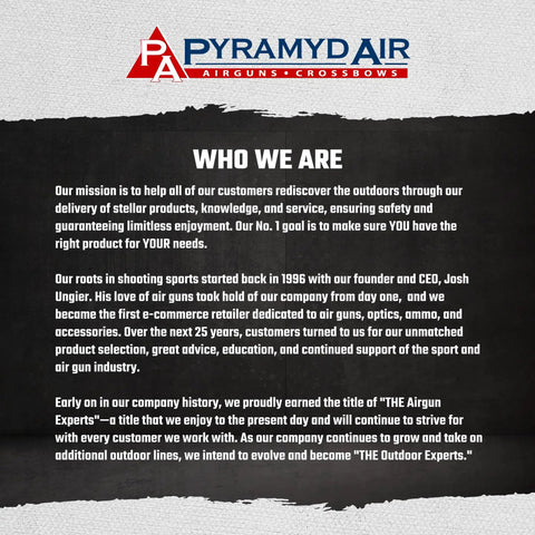 Text graphic displaying Pyramyd Air's company mission and history in airguns and crossbows industry.