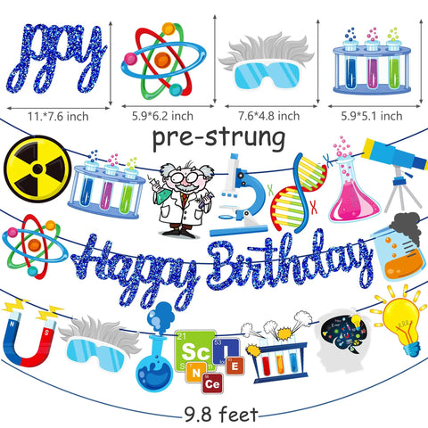 Blue Science Birthday Party Banner Set With Chemistry Lab Elements Garlands Featuring Test Tubes DNA Strands Microscope And Periodic Table Decor For Science Theme Party And Baby Shower That Kids Will Dig, colorful science icons on banner