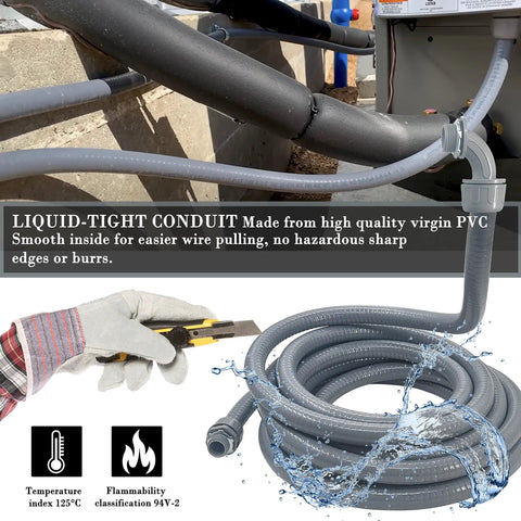 Liquid Tight Conduit Kit Half Inch 25 Foot Flexible Non Metallic Electrical Conduit Set with connectors, shown in outdoor installation.