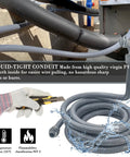Liquid Tight PVC Conduit Kit 3 Quarter Inch 25 Feet with connectors, shown in outdoor installation with hand adjusting conduit.