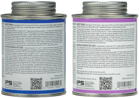 Twin Pack 780 PVC Regular Bodied Plumbing Solvent Cement And Purple Primer Set product cans with labeled instructions visible.