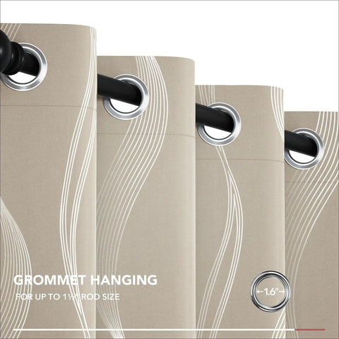 Silver Wave Print Blackout Curtains That Keep It Dark And Quiet With Thermal Insulation And Noise Reduction For Bedroom And Living Room, OEKO-TEX Certified, Light Beige, 52W X 84L, 2 Panels close-up of grommet hanging style.