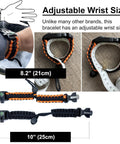 Two Pack Paracord Survival Bracelet Set With Flint Fire Starter Loud Whistle Compass Mini Saw Waterproof Paracord Five In One Gear Adjustable Seven To Nine And A Half Inch Wristbands For Camping Bushcraft And Emergency Prep Black And Orange with measurement tape showing adjustability.