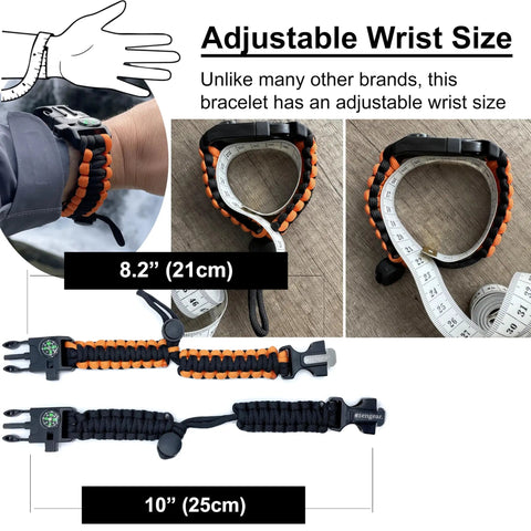 Two Pack Paracord Survival Bracelet Set With Flint Fire Starter Loud Whistle Compass Mini Saw Waterproof Paracord Five In One Gear Adjustable Seven To Nine And A Half Inch Wristbands For Camping Bushcraft And Emergency Prep Black And Orange with measurement tape showing adjustability.