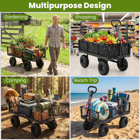 Heavy Duty Metal Garden Cart With 880 LB Load Capacity used for gardening, shopping, camping, and beach trip with various items