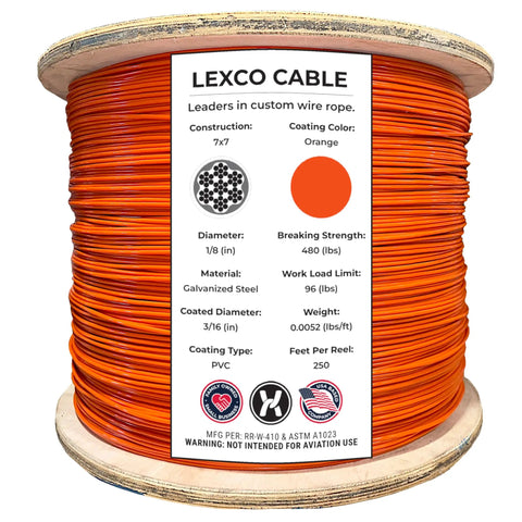Heavy Duty Two Hundred Fifty Foot Spool Of One Eighth Inch Galvanized Aircraft Cable With Bright Orange Pvc Coating, showing PVC-coated galvanize wire rope.