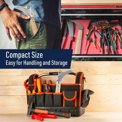 Compact 8-Inch Hand Saw For Root Cutting With Sharp 2.75-Inch Serrated Stainless Blade shown in pocket and tool bag