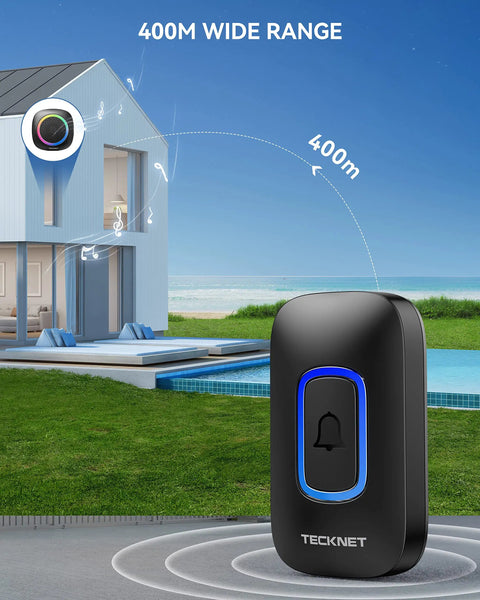 Ultra Long Range 1300 Feet Wireless Doorbell With RGB Alarm Lighting, Battery Powered, IP66 Waterproof, 60 Plus Chimes, 5 Level Volume, Portable Receiver For Home Office Classroom And Business, 4.5 Year Battery Life, black receiver and outdoor transmitter