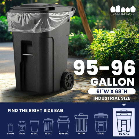 Heavy Duty 95 To 96 Gallon Clear Trash Bag Liners 1.5 Mil Thick Jumbo Rollaway Bin Sacks Tough For Heavy Yard Debris And Commercial Waste 25 Count Pack with bin.