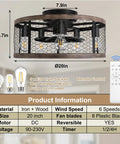 20 Inch Flush Mount Caged Ceiling Fan With Lights Remote Control Vintage Rustic Farmhouse Style Low Profile Enclosed Fixture, DC Motor