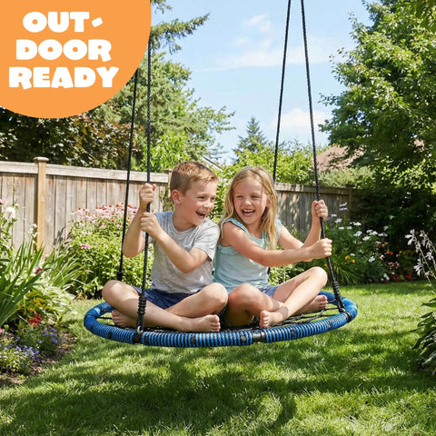 Two kids enjoying 40 Inch Spider Web Saucer Swing With 750Lb Capacity For Kids Outdoor Backyard Playground Net Swing Easy Assembly.